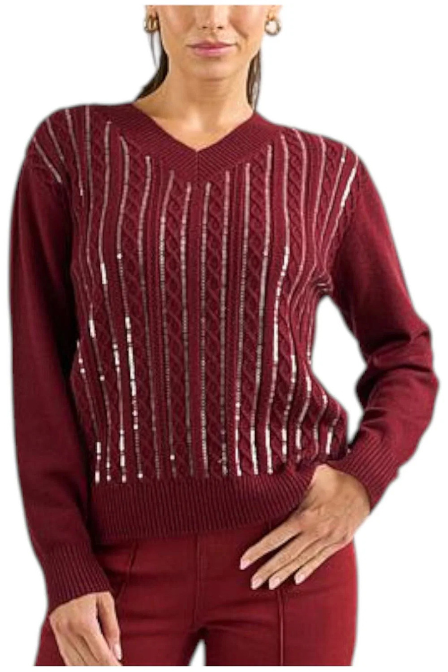 DG2 by Diane Gilman Women's Embellished VNeck Cable Knit Sweater Wine - Regular